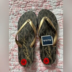 Michael Kors Brown and gold flip flops